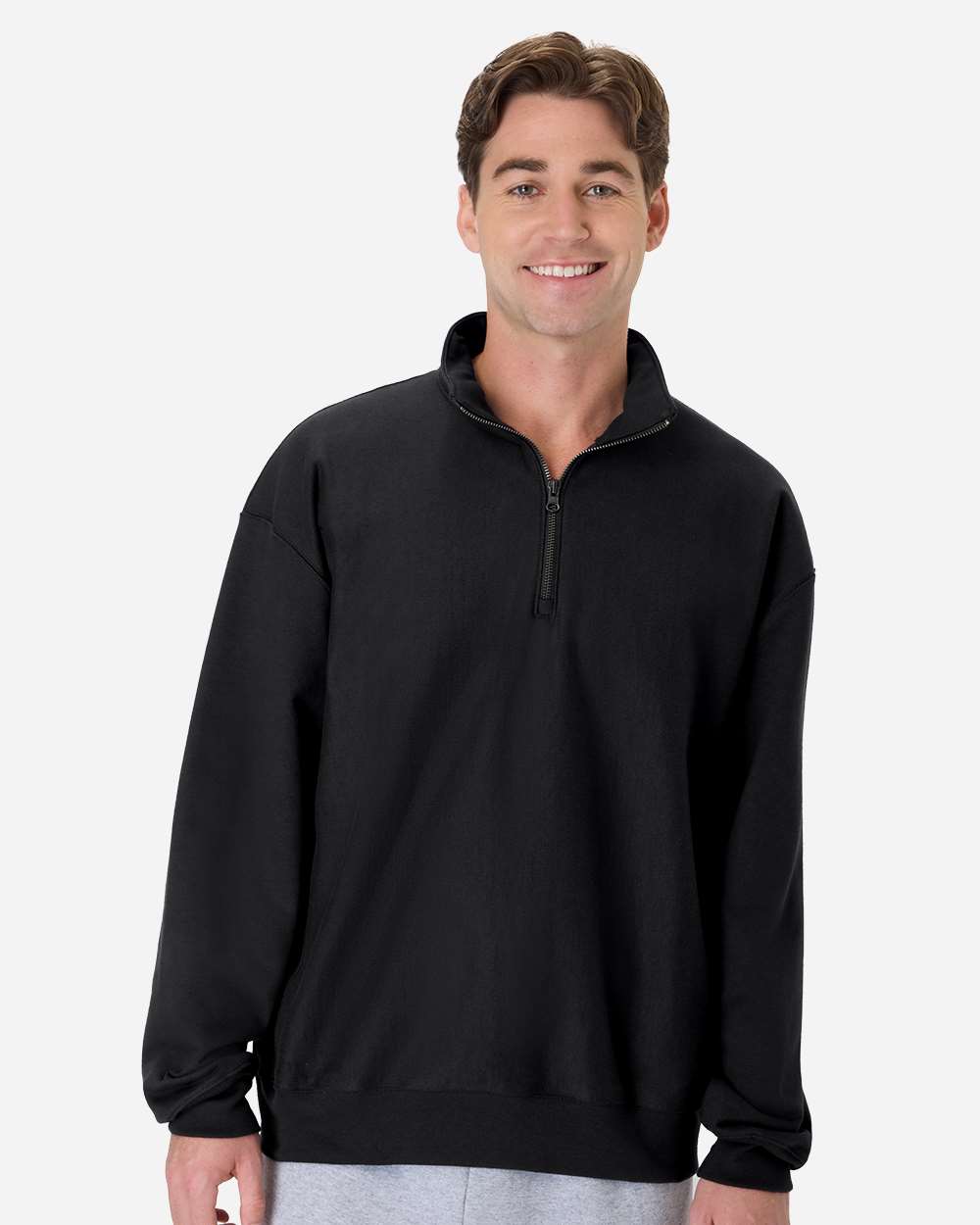 Hanes OG900 Men's Beefy Sweats Premium Heavyweight Quarter-Zip Sweatshirt in Black size Large | Cotton/Polyester Blend