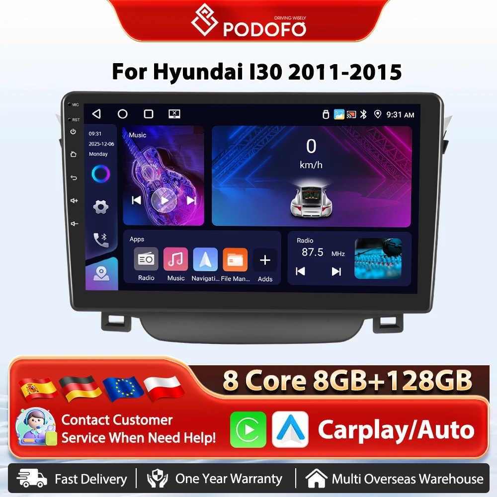 Podofo 4G WIFI Android Auto Auto Radio Für Hyundai I30 2011-2015 Drahtlose Carplay GPS Navigation Auto multimedia-Player DSP FM/RDS Image