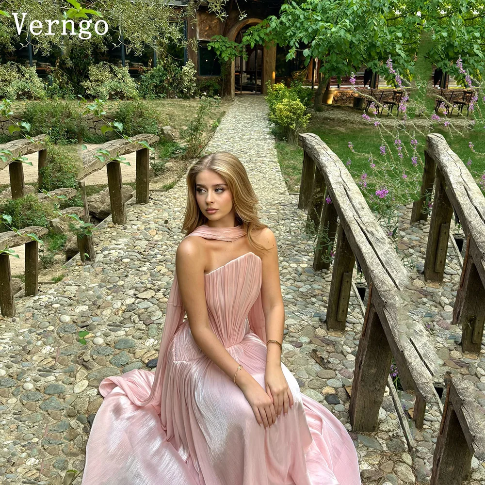 Verngo Rosa Glänzendes Satin Abendkleid A-Linie Plissee Prom Party Kleider Frauen Elegante Moderne Prom Kleider Angepasst Image