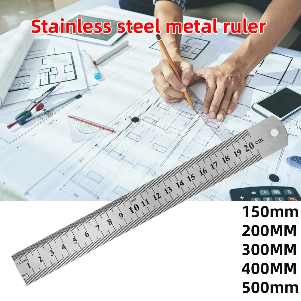 Gerades Lineal aus Edelstahl und Metall, präzises doppelseitiges Präzisionsmesswerkzeug, Maßstab, metrisches Lineal, Zubehör, 15–40 cm Image