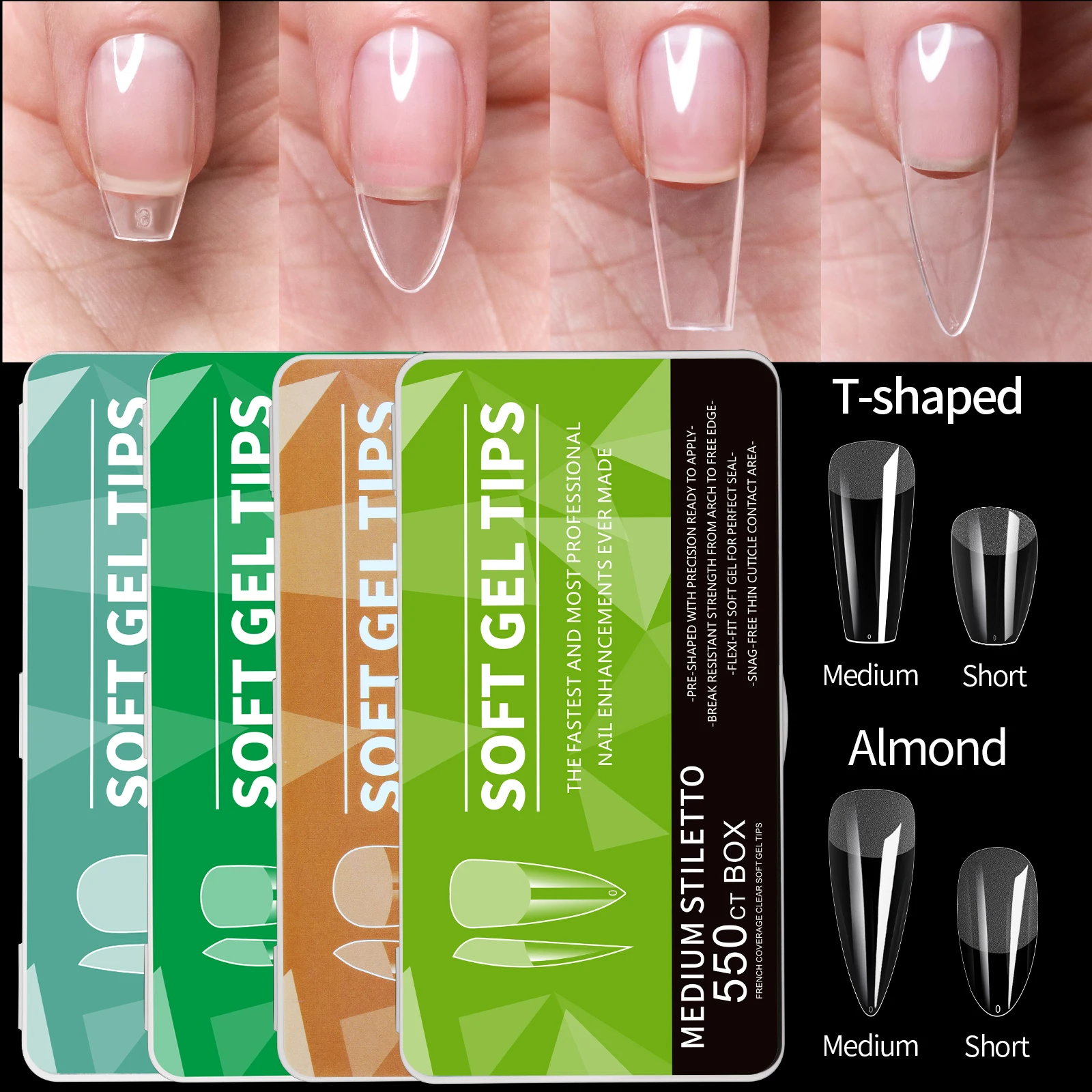 550 Stück weiche Gel-Nagelspitzen, mittelkurz, Mandel-Sarg, Stiletto, vollständige Abdeckung, zum Aufdrücken der Nägel, halbmattes Acryl, DIY-Verlängerungswerkzeuge Image