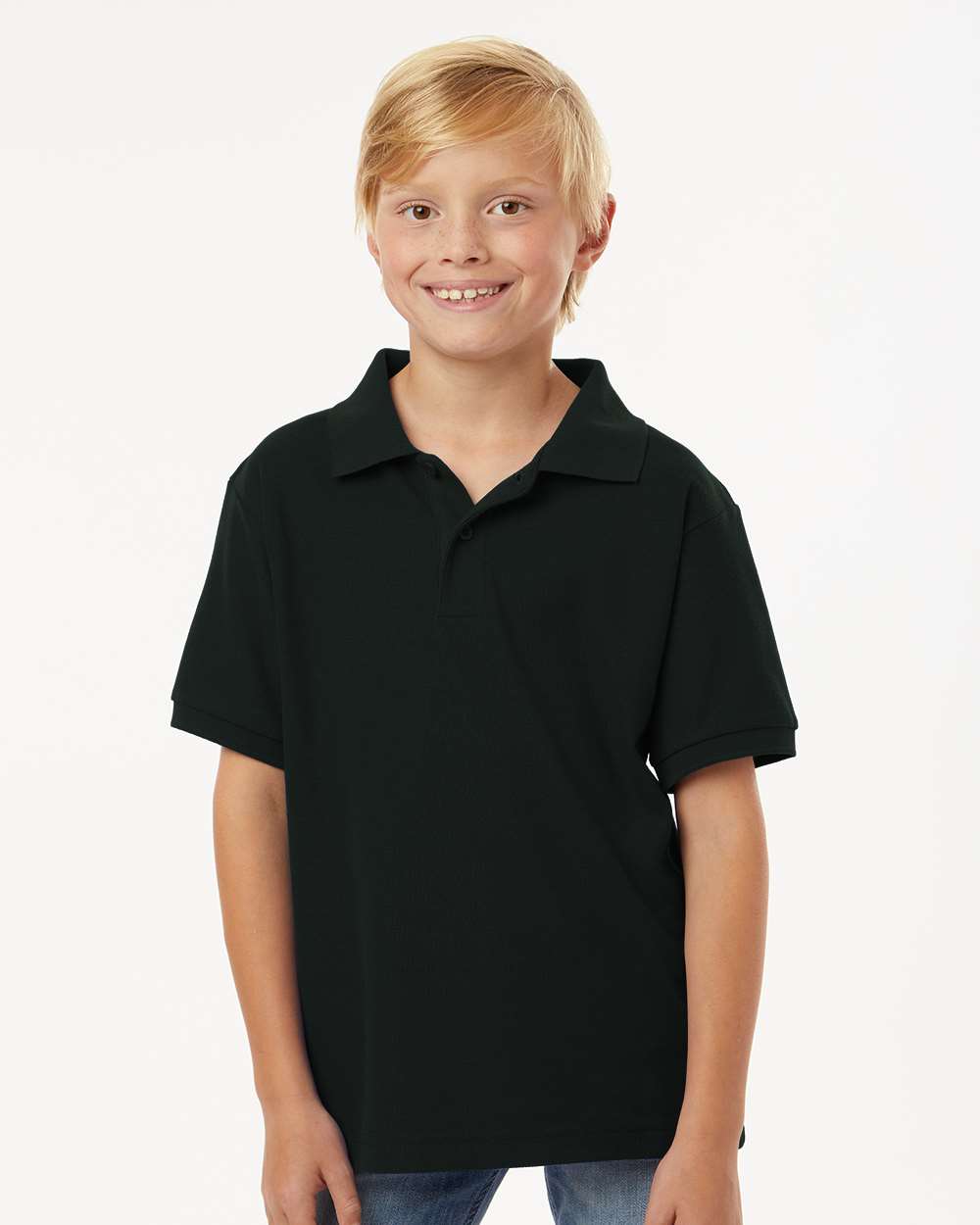 AllPro 62800Y Youth Pique Polo Shirt in Black size Large | 65% polyester/35% cotton