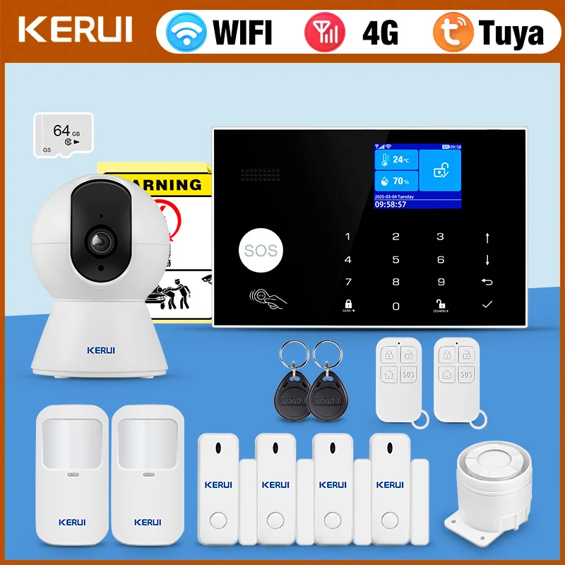 KERUI G34 4G/WiFi-Hausalarmsystem mit 3 kabelgebundenen Zonen, Temperatur- und Luftfeuchtigkeitsanzeige, kabelloses Einbruchsystem für Zuhause/Garage Image