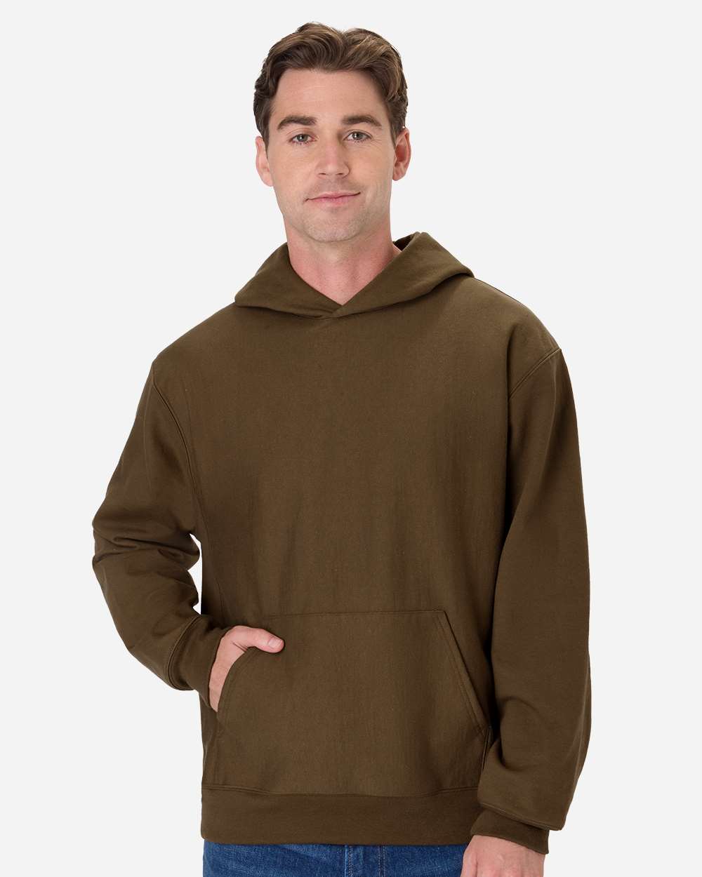 Hanes OG700 Men's Beefy Sweats Premium Heavyweight Hooded Sweatshirt in Army Brown size Large | Cotton/Polyester Blend
