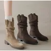 Luxus Frauen Plissee Stiefeletten Mit Hohen Absätzen Herbst Neue Spitz Braun Cowboy Stiefel Frau Pu Leder Botas Schuhe Plus Größe 42