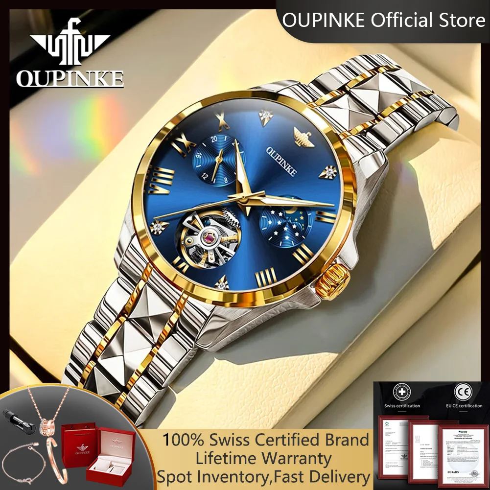 OUPINKE 3202 Mondphasen-Automatikuhr für Damen, elegantes Skelett-Zifferblatt, Chronograph, automatisches Datum, wasserdicht, mechanische Damenuhr Image