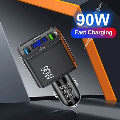 4 Ports USB C Autotelefon-Ladegerät Super schnelles Laden im Auto mit LED-Spannungsanzeige für iPhone Samsung Huawei Oneplus Android Phone