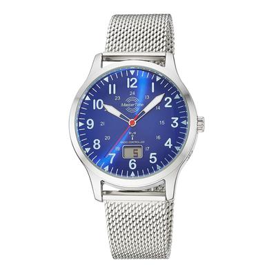 Funkuhr MASTER TIME "Aviation", stahlgrau, blau, Armbanduhren, Herren, Quarzuhr, Armbanduhr, Herrenuhr, Lederarmband, analog, digital Image