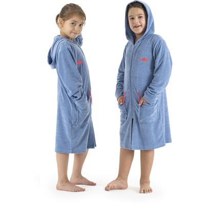 Kinderbademantel KANGAROOS "Kira, Ideal für Zuhause, Schwimmbad oder im Urlaub" Gr. 104, blau (blau melange), 104, Leichtfrottier, Hausmäntel, modernen, sportliches Design, leuchtenden Akzenten Image