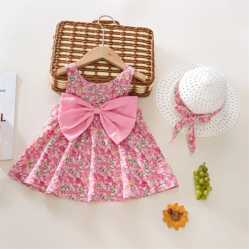 Sommer Neues Baby-Mädchen-Kleid mit süßer Schleife, niedliche Blumen-Kinderkleidung mit freiem Hut für Strandpartys (9 Monate bis 3 Jahre alt) Image