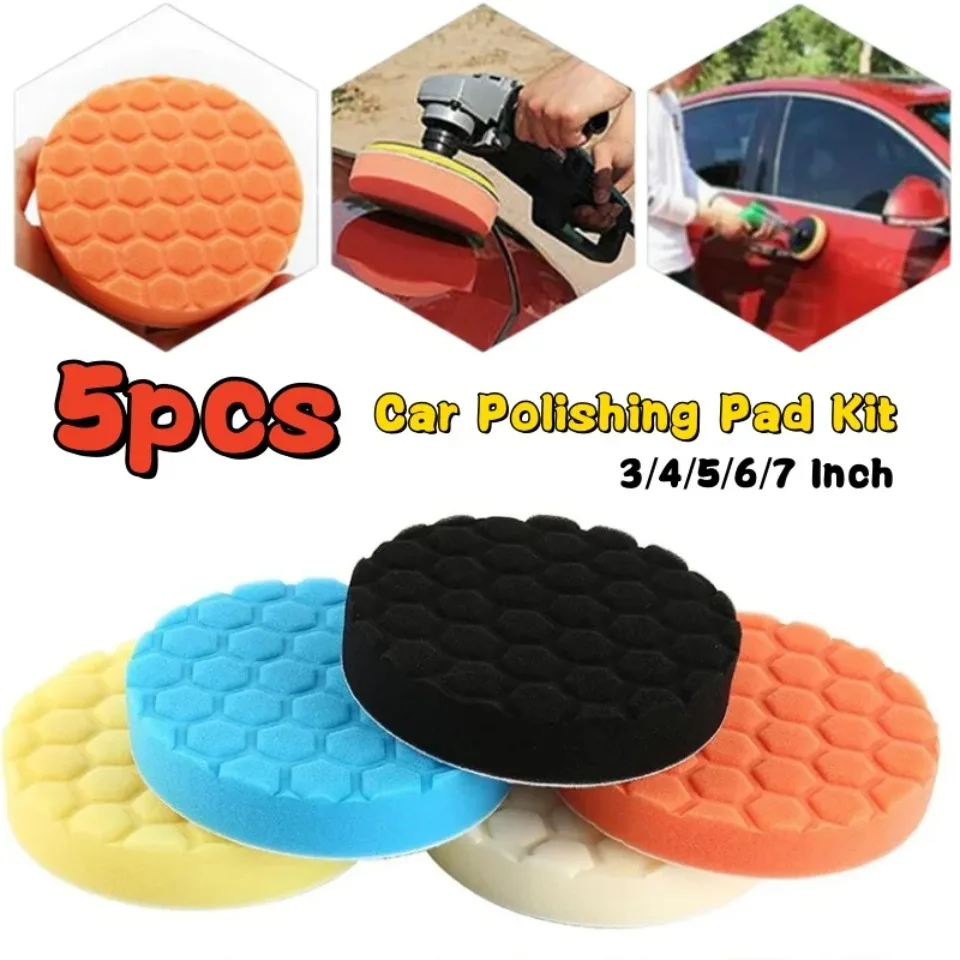 5Pcs Auto Polieren Pad Kit 5/6/7 Zoll Selbst-Kleber Polieren Rad Auto Detaillierung Wachsen Schwamm Pads auto Pflege Reinigung Werkzeug Image