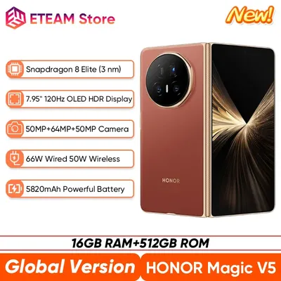 New Global Version HONOR Magic V5 5G Foldable SmartPhone 7.95" OLED HDR 120Hz Screen Snapdragon 8 Elite 5820mAh Battery NFC eSIM