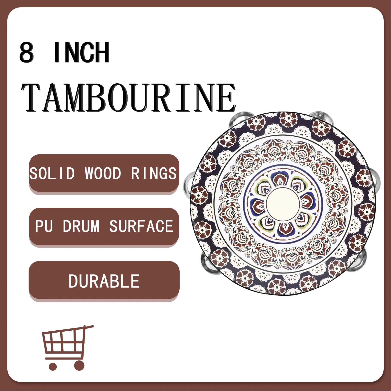 8-Zoll-Tamburin-Handtrommel im Dunhuang-Stil, Edelstahl-Glocken, Trommeln, Percussion, Musikinstrumente, Orff-Trommeln mit weißen Blumen Image