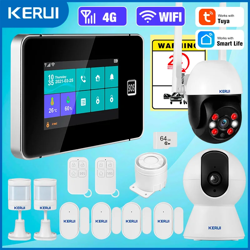 KERUI Smart Life 4G WiFi Einbruchalarm 4,3 Zoll Touchscreen Home Alarm System GSM Alarm Kit G64B PIR Bewegungssensor Türsensor Image