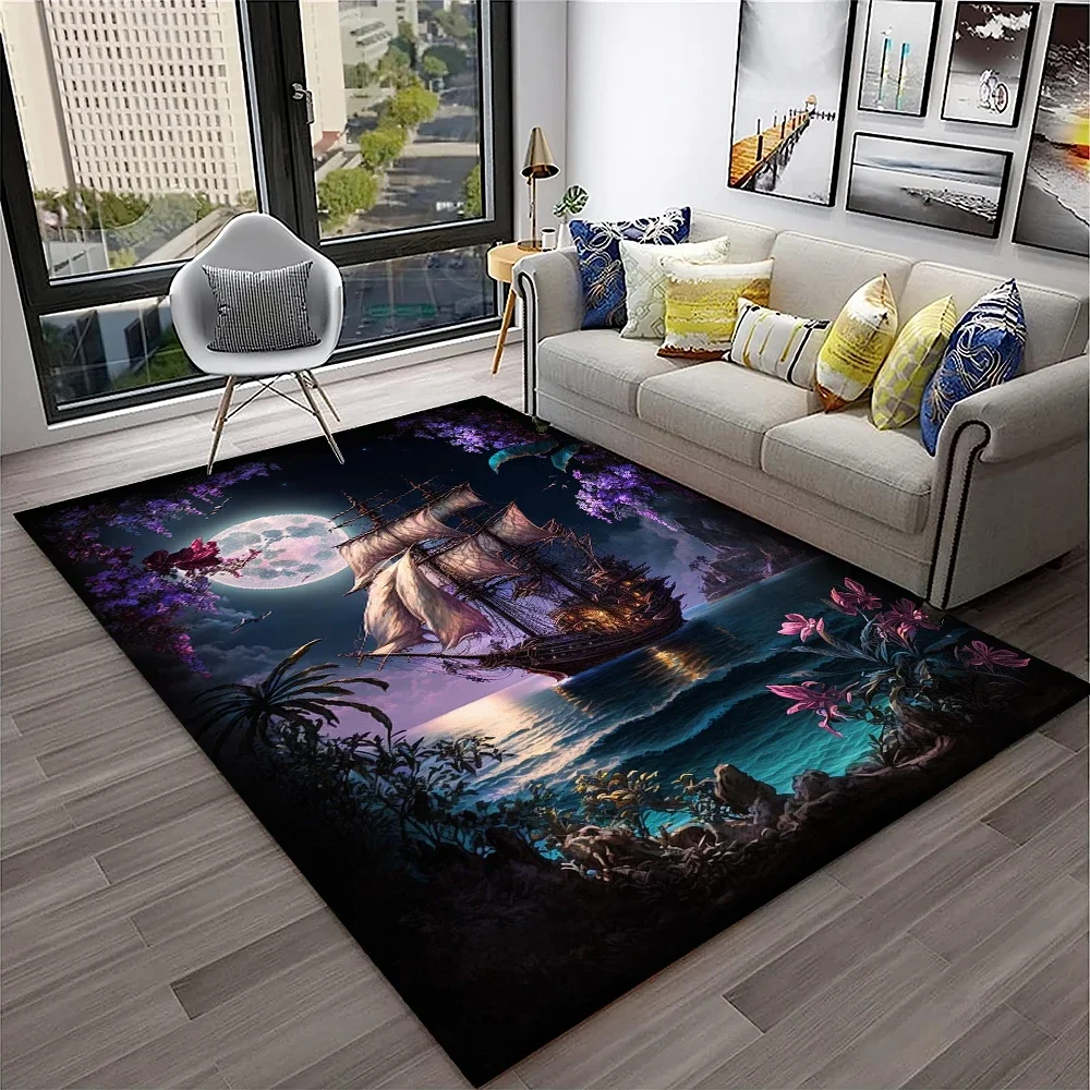 3D-Piratenschiff, Boot, Barke, Segelboot-Teppich für Zuhause, Wohnzimmer, Schlafzimmer, Sofa, Fußmatte, Dekor, Kinderbereichsteppich, rutschfeste Bodenmatte Image