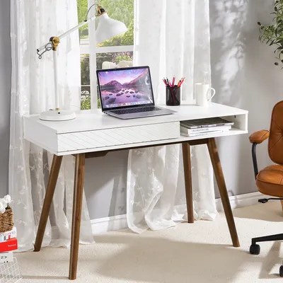 Modern Home Office Writing Desk / Dresser Table, 42 Inch Computer Table Desk with Drawers, Simple Mid Century Modern Desk