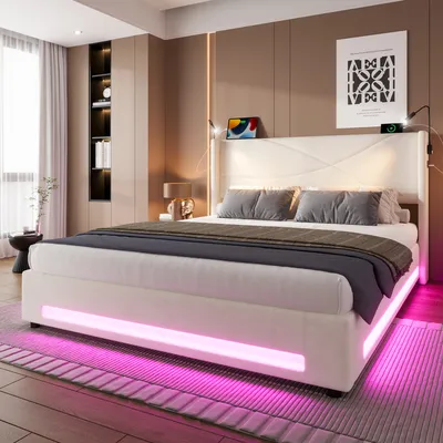 Modern bed frame in modern design with 2 reading lights,LED light bars,hydraulic storage,stable lattice construction,USB ports