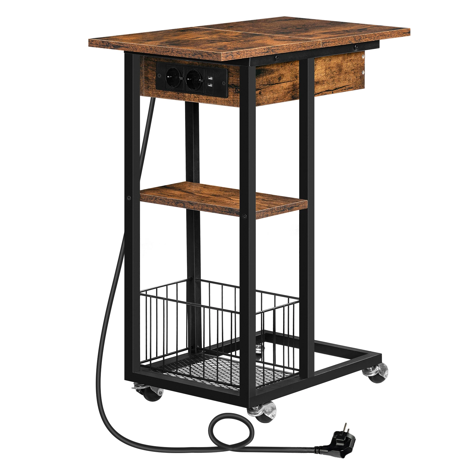 HOOBRO Beistelltisch mit Ladestation, klappbarer C-förmiger Sofatisch, Couchtisch mit Rollen und Regal, Nachttisch für Wohnzimmer Image