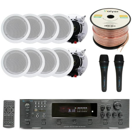 Home Stereo System Kit - 6 Channel 6000 W Bluetooth Amplifier w/ 10 QTY of 6.5 in-Wall in-Ceiling Speakers 200 W Each 2 QTY of Wired Mic 500 ft Speaker Wire & Remote by Technical Pro