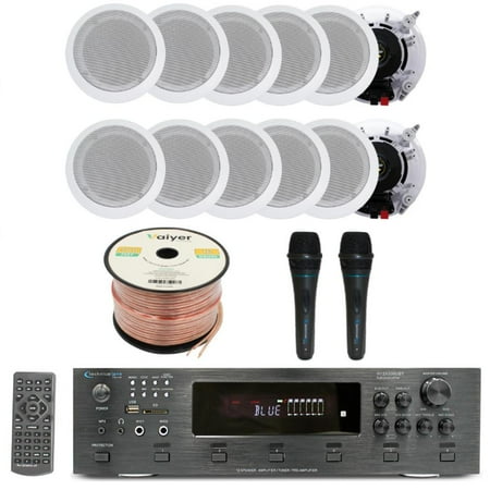 Home Audio System Kit - 6 Channel 6000 W Bluetooth Amplifier w/ 12 QTY of 6.5 in-Wall in-Ceiling Speakers 200 W Each 2 QTY of Wired Mic 500 ft Speaker Wire & Remote by Technical Pro