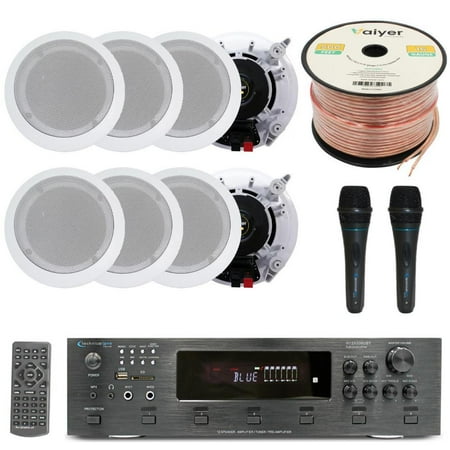 Home Stereo System Kit - 6 Channel 6000 W Bluetooth Amplifier w/ 8 QTY of 6.5 in-Wall in-Ceiling Speakers 200W Each 2 QTY of Wired Mic 500 ft Speaker Wire & Remote by Technical Pro