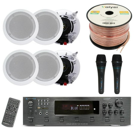 Home Theater System Kit -6 Ch 6000 Watts Bluetooth Amplifier w/ 6 QTY of 5.25 Ceiling Speakers 175W Each 2 QTY of Mic 250 ft Speaker Wire & Remote - for Living Room Office Bar by Technical Pro