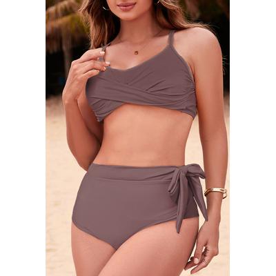 Chicorée Kaffee Überkreuzte Träger Gedrehter Tropenmotiv Knoten-Seiten Hohe Taille Bikinis 2-teilig Image