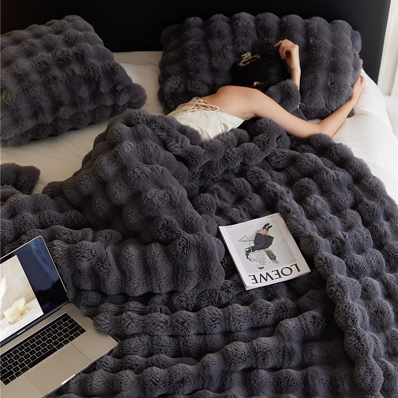 Tuscany Faux Rabbit Fur Blanket, Double-Sided Thick Plush Throw, Cozy Office Nap Blanket and Sofa Cover