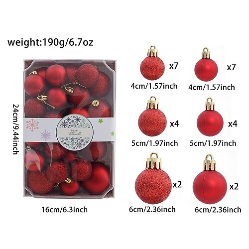 26 palline per albero di Natale, ornamenti infrangibili, decorazioni sospese per albero di Natale, dimensioni assortite, decorazioni colorate per feste natalizie, 4 cm, 5 cm, 6 cm