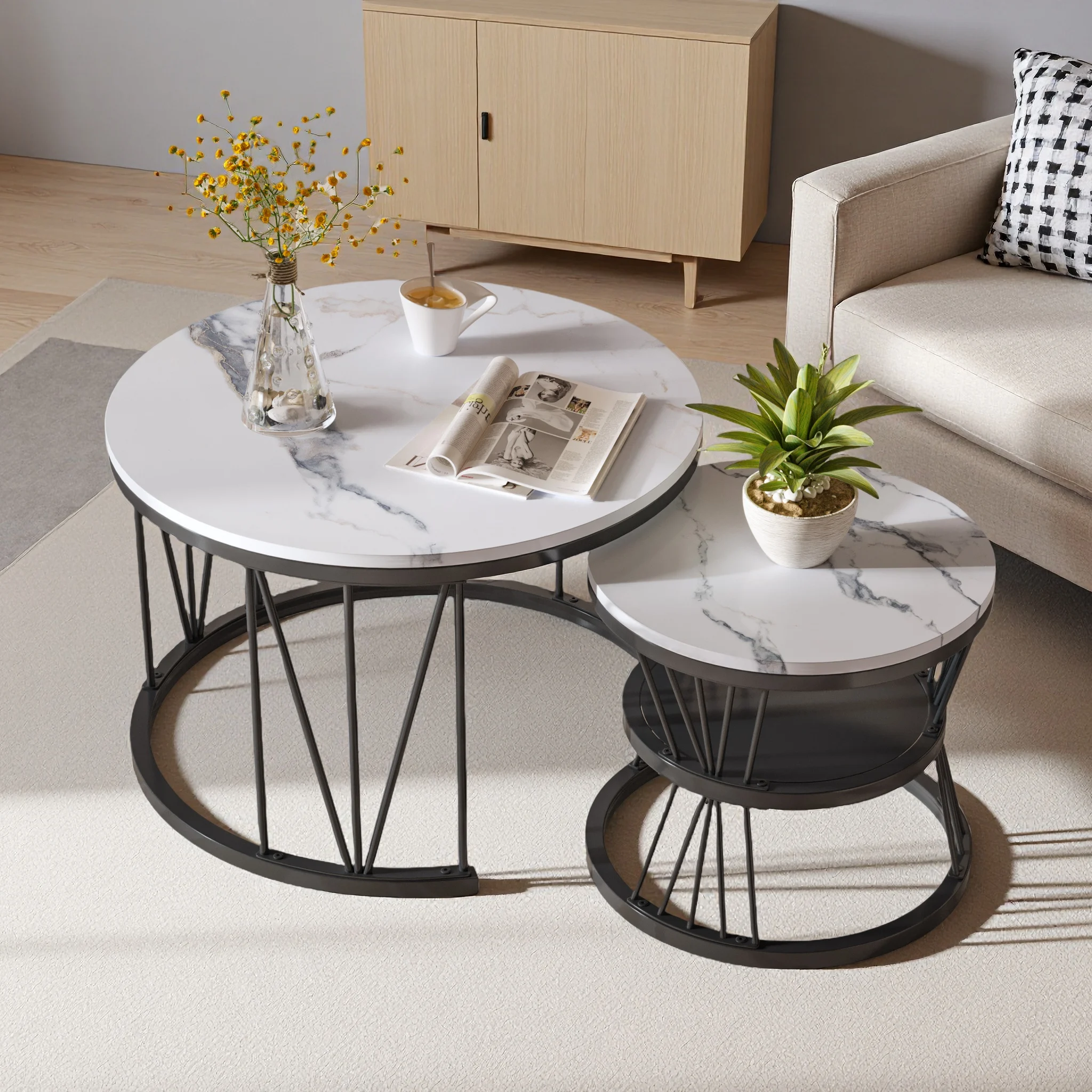 2-Teiliges Rundes Beistelltisch-Set,Couchtisch Mit Metallgestell,Moderne Couchtische für Wohnzimmer,Schlafzimmer,Schwarz/Gold