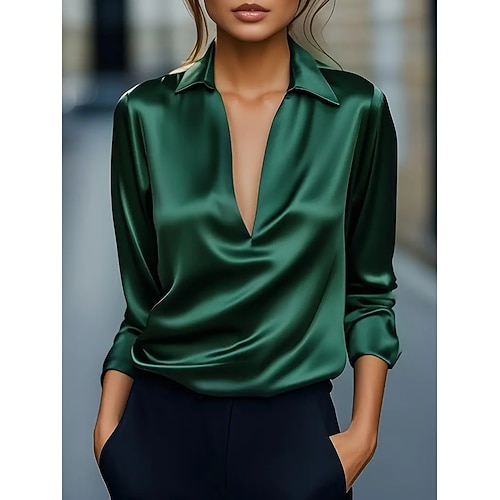 Festival musicale Per donna Piccola Maglia di seta Top Eleganti Semplice Affari Sexy Manica Lunga Manica a Vescovo Colletto a Camicia Top Regolari Lavoro Ferie Drappeggiato Nero Bianco Vino Blu Verde