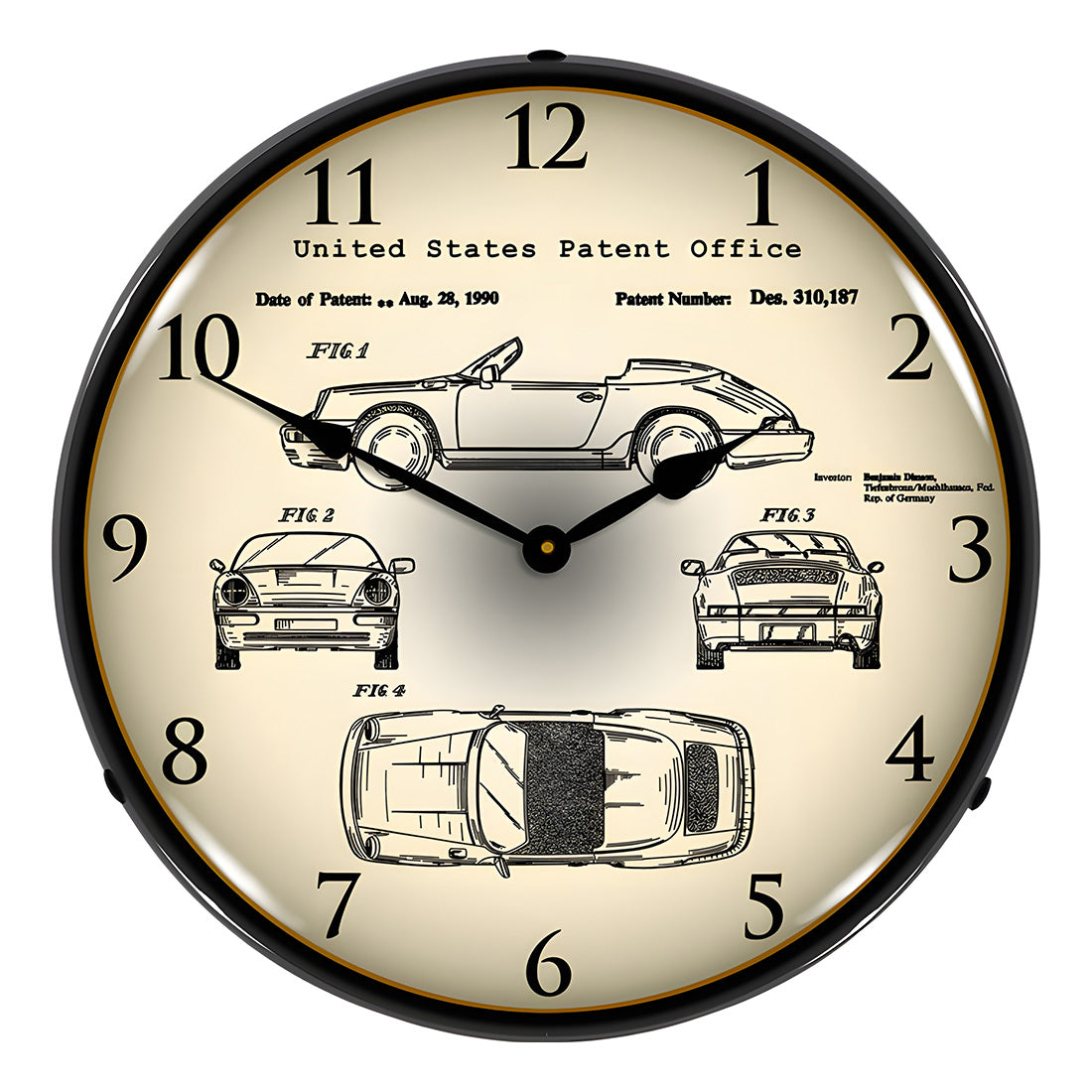 Collectable Sign and Clock 1990 Porsche 911 Patent Blueprint Backlit Wall Clock