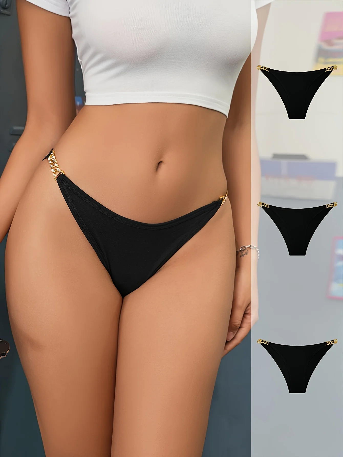 3-piece metal chain accessory women's briefs, pure cotton high-end sexy women's fashionable bikini underwear Image