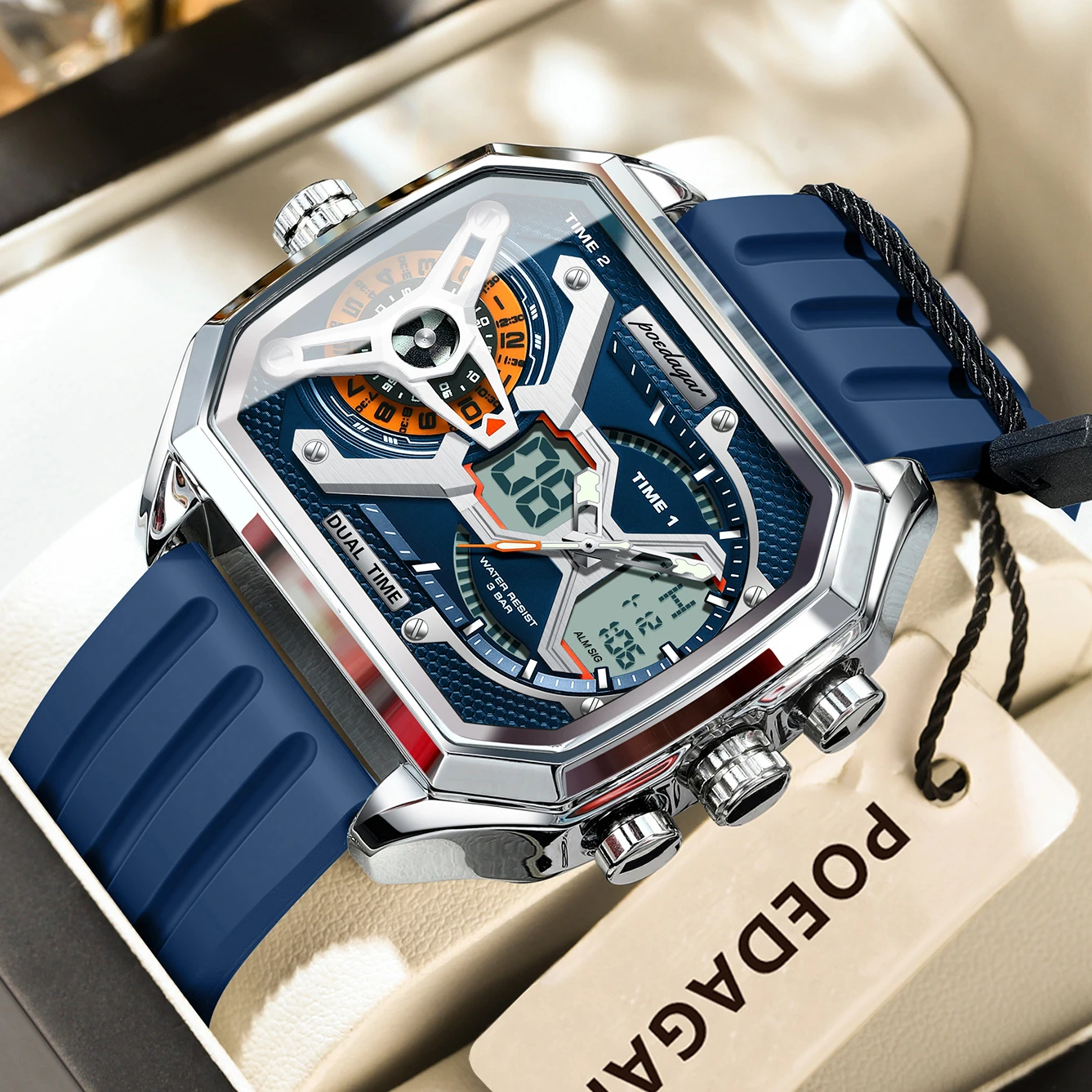 POEDAGAR Luxus Männer Armbanduhr Datum Woche Leuchtende LED Quarz Mann Uhr Silikon Armband Elektronische Dual Time Mode herren Uhren Image