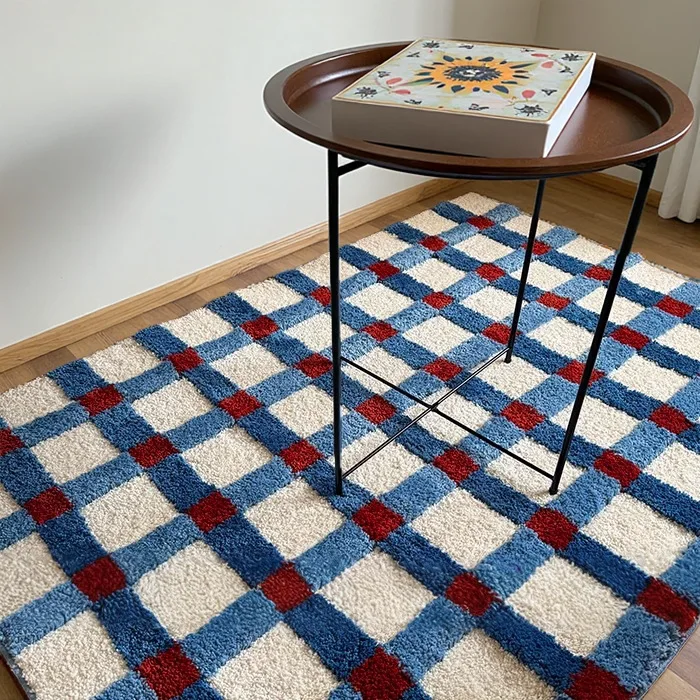 Blue Grids Pattern Door Mat Soft Tufted Bedroom Bedside Carpet Home Decoration Area Rug Korean Style Cartoon Kitchen Bath Mat