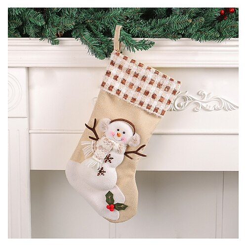 1 calza natalizia grande, borsa regalo con polsino a righe a quadri con pupazzo di neve, ornamento da appendere all'albero di Natale, festa, casa, camino, decorazione invernale