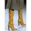 Gelbe Schnalle Riemen Dekor kniehohe Stiefel spitzen Zehen klobigen Absatz neue westliche Frauen Schuhe Mode sexy Zapatos Para Mujere