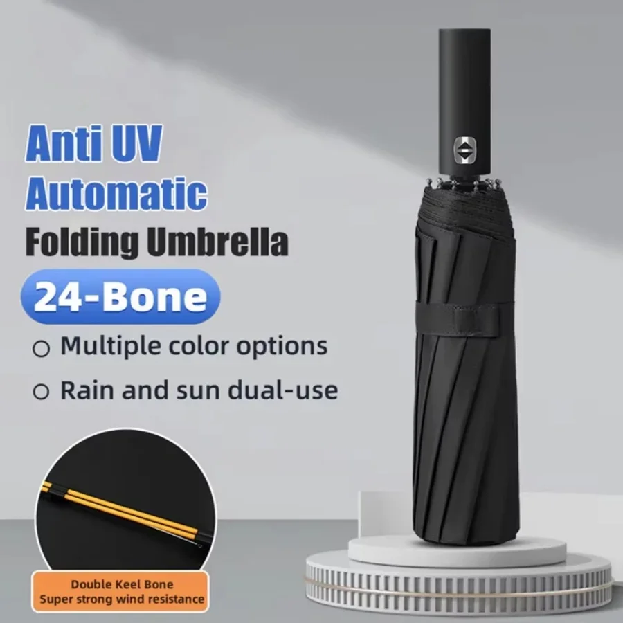 Automatischer Regenschirm mit 24 Knochen, leicht, zusammenklappbar, großformatig, Sonnenschutz für den Außenbereich, UV-Schutz, winddichter Regenschirm Image