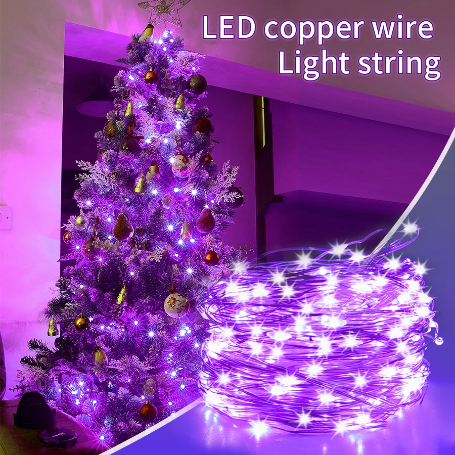 LED-Feiertags-Lichterkette, USB-Anschluss, 5 V, 10 m, 100 LEDs, lila Licht, kaltweißes Licht, Party, Feier, Dekoration, Weihnachtsbaum-Dekoration Image