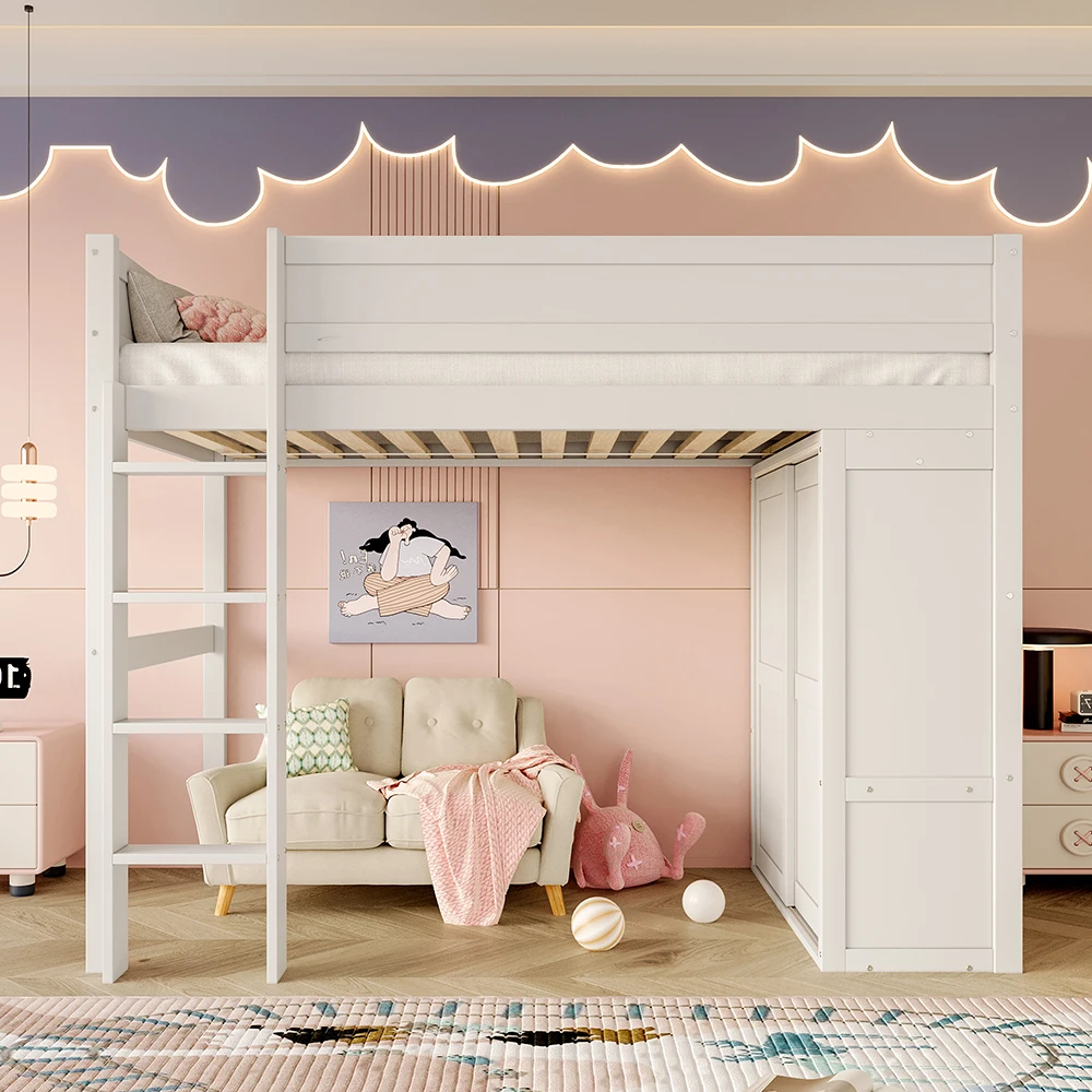 KIOMHTOM 90x200 cm Hochbett vielseitiges Kinderbett mit Kleiderschrank, Staufach, Kiefernholz weiß, ohne Matratze