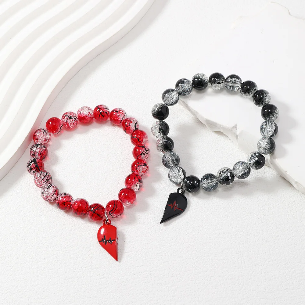 Glasperlen-Armband, heißer Verkauf, 10 mm, Eis zerkleinert, Glas-Rundperlen-Armband, Gothic, Schwarz, Rot, Paar, magnetisches Armband