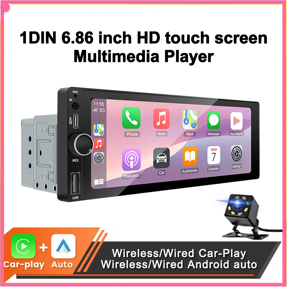 1DIN 6,86 zoll Universal MP5 Auto Radio Unterstützung Drahtlose Carplay Android AUTO AUX USB BT Touchscreen Multimedia Video Player Image