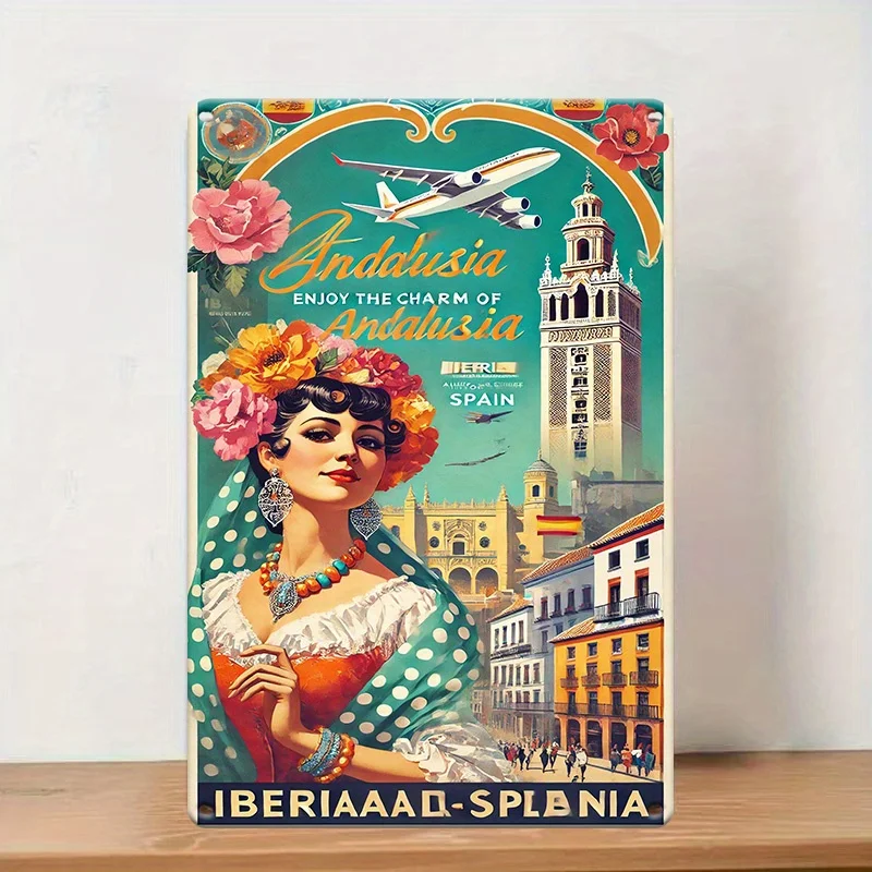 Vintage-Metallblechschild als Wanddekoration – „Andalusien, genießen Sie den Charme von Andalusien“ mit Flamenco-Tänzerin und spanischer Architektur, für Image