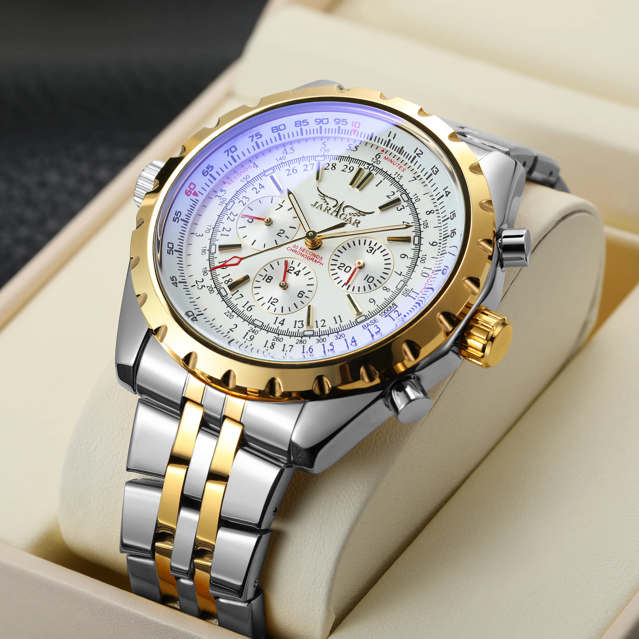 JARAGAR Original Blaues Glas Großes Zifferblatt Multifunktionale Automatische Herrenuhren Edelstahl Vintage Mechanische Wasserdichte Uhr Image