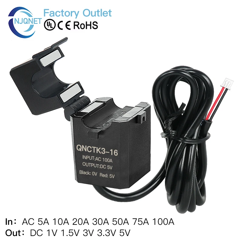 Trasformatore di Corrente a Nucleo Diviso QNCTK3-16 AC 10A 20A 30A 50A 100A Uscita DC 5V 3.3V Sensore di Corrente a Pinza CT