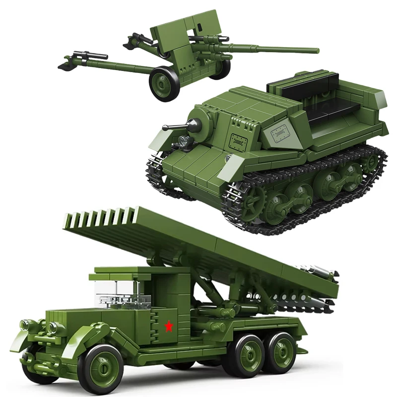 Zweiter Weltkrieg BM-13NM Katyusha Raketenwerfer Sowjetischer T-20 Traktor Z15-2 Panzerabwehrkanone Montagemodell Bausteine Jungenspielzeug Image