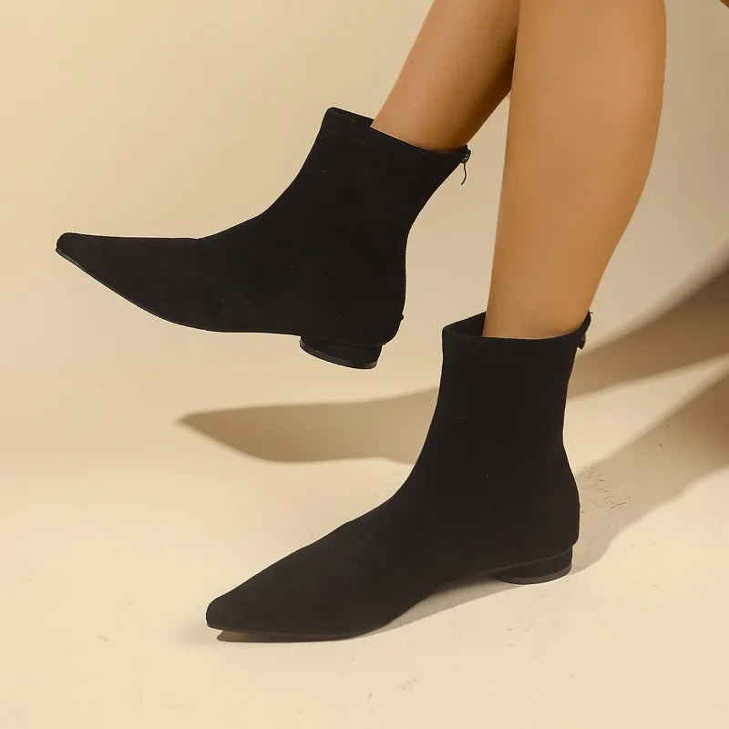 Brand Women Shoes 2024 Winter New Women's Ankle Boots Sexy Pointed Low Heel Back Zip Boots Fashion Suede Office Lady Shoes Botas