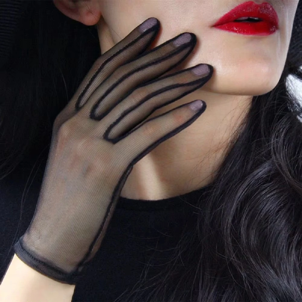 Schwarz Weiß Solide Weiche Tüll Frauen Mode EtiketteTransparent Braut Hochzeit Ultra Dünne Elastizität Mesh Atmungsaktive Kurze Handschuh Image