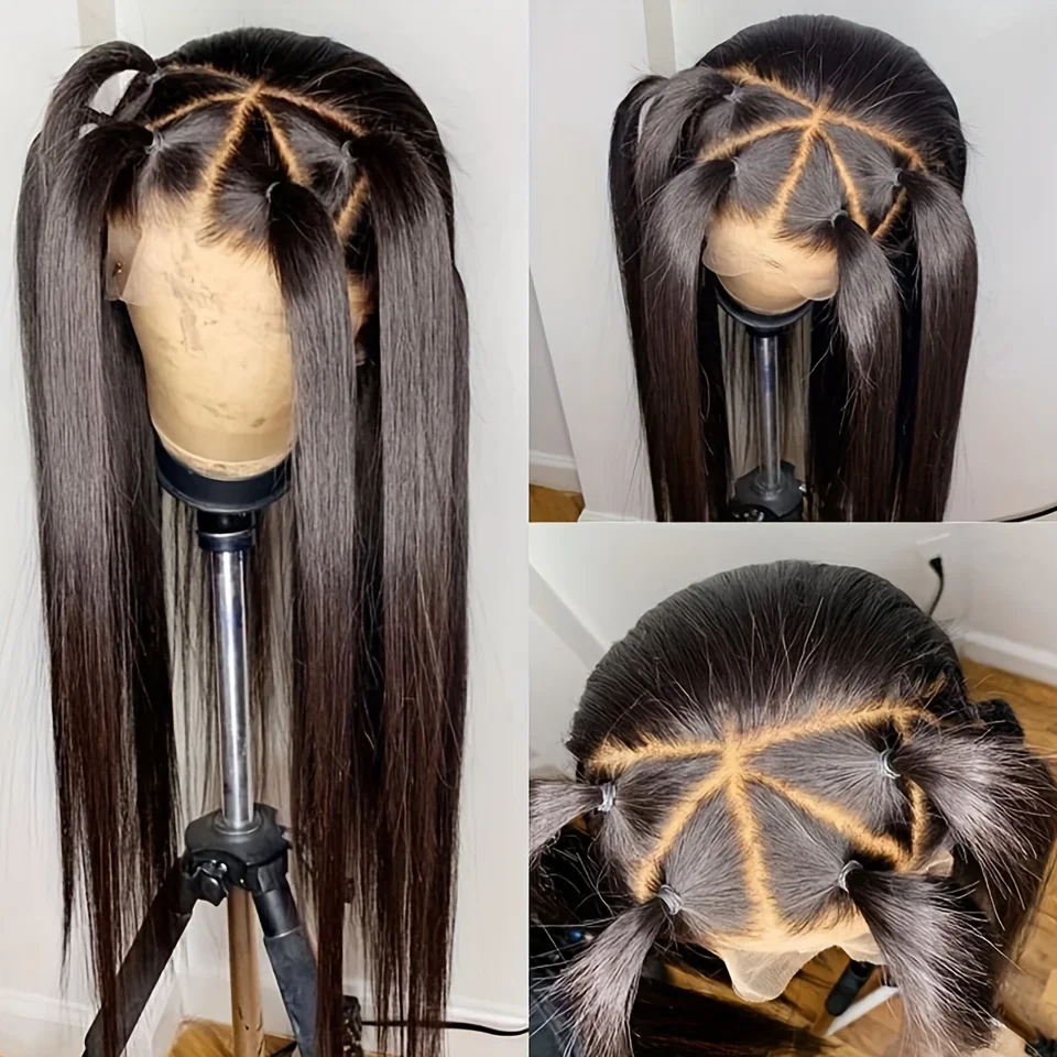 Weiche schwarze vorgezupfte 26“ lange, seidige, gerade 180-dichte Lace-Front-Perücke aus synthetischem Synthetik für Frauen, hitzebeständig, ohne Kleber