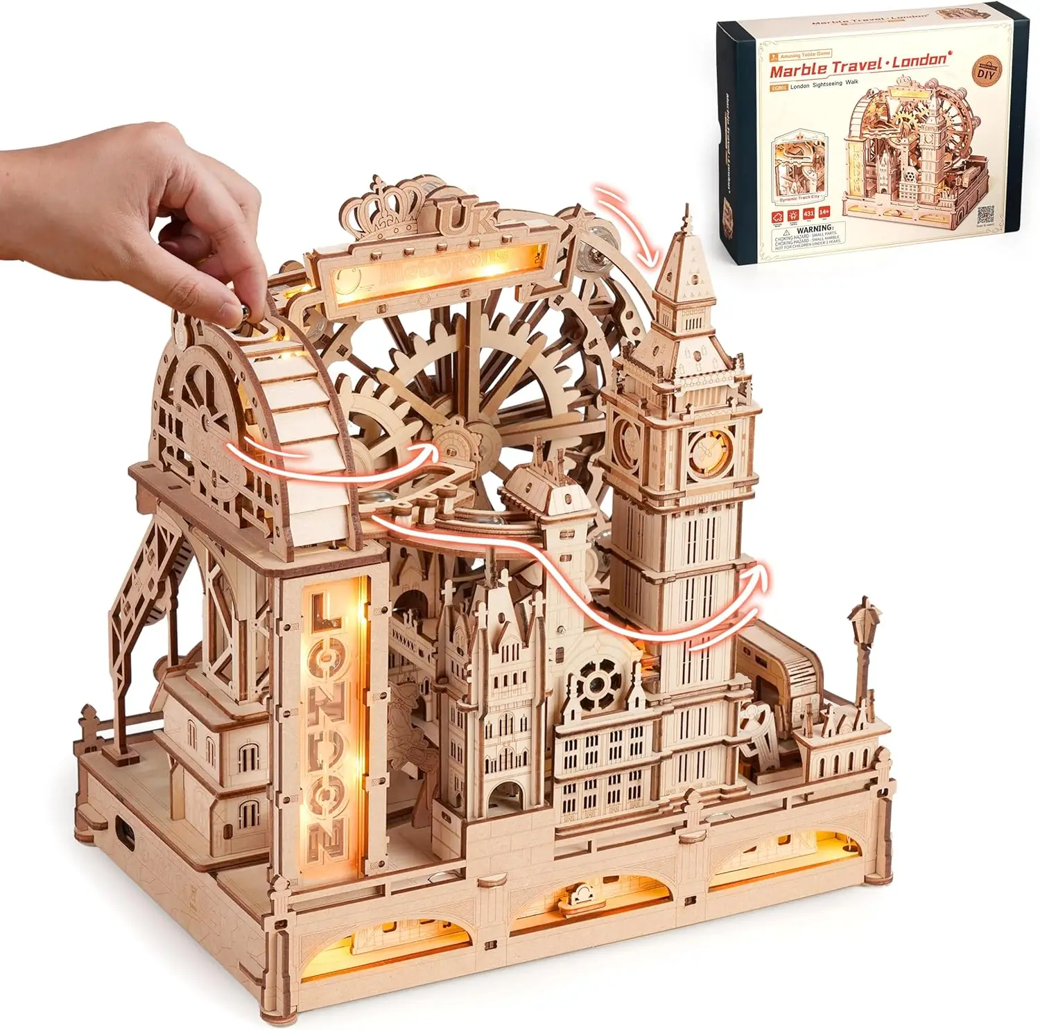 ROKR Puzzle 3D in Legno, Miniatura della Città di Londra, Gioco di Costruzione con Biglie, Kit Modello Fai-da-Te di Macchina Pinball, Sfida con Ingranaggi e Palline